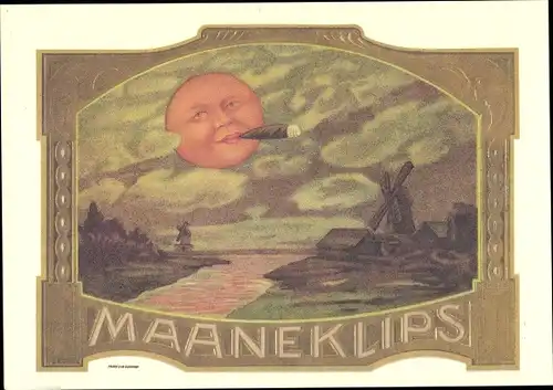 Ak Maaneklips, Cigar Labels, Reklame, Mond mit Zigarre, Windmühlen