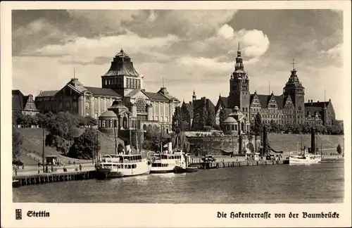 Ak Szczecin Stettin Pommern, Die Hakenterrasse von der Baumbrücke gesehen