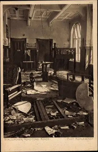 Ak Nesterow Stallupönen Ostpreußen, Konditorei Rohde, Zerstörtes Gebäude