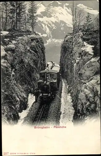 Ak Schweiz, Brünigbahn, Eisenbahnstrecke, Passhöhe, Alpenpanorama, Zahnradbahn