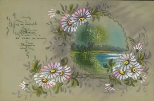 Zelluloid Ak Margeriten, Partie am Wasser, Bäume