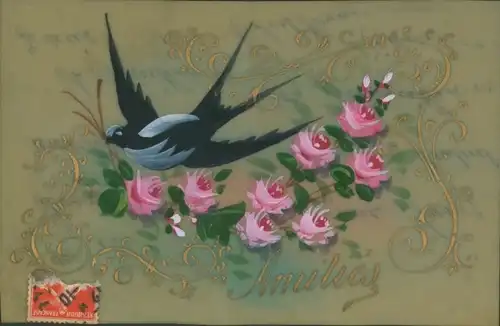 Zelluloid Ak Schwalbe, Rosen, Amities