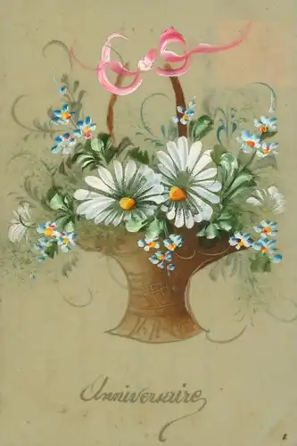 Zelluloid Ak Anniversaire, Margeriten im Blumenkorb, Kitsch