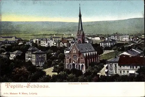 Ak Teplice Teplitz Schönau Reg. Aussig, Blick auf die Schönauer Kirche und Ort