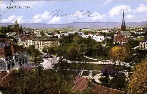 Ak Teplice Teplitz Schönau Reg. Aussig, Teilansicht, Vogelschau, Platz, Synagoge