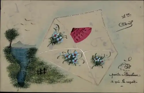 Zelluloid Handgemalt Ak 1er Avril, 1. April, Briefumschlag, Fisch