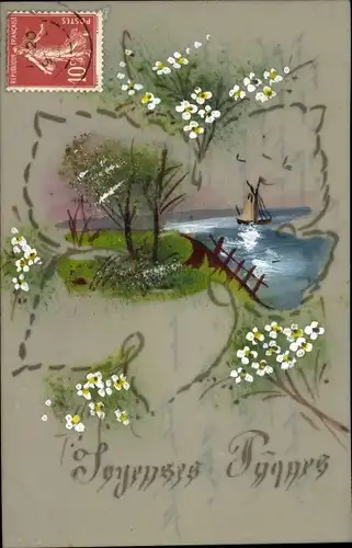 Zelluloid Ak Segelboot, See, Bäume, Wiese, Blumen, Kitsch