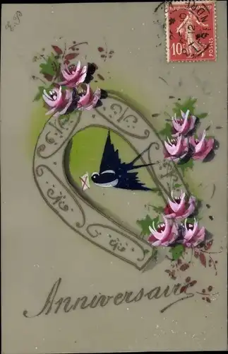 Zelluloid Ak Anniversaire, Schwalbe, Hufeisen, Rosen