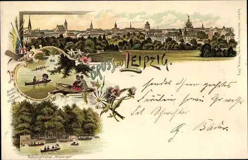 Litho Leipzig in Sachsen, Pleissenpfahlbau Wassergott, Panoramablick, Liebespaar, Ruderpartie