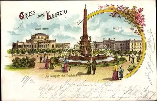 Litho Leipzig in Sachsen, Augustusplatz, Mendebrunnen, neues Theater, Hauptpost