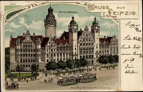 Litho Leipzig in Sachsen, Neues Rathaus, Straßenbahn, Passanten, Straßenpartie