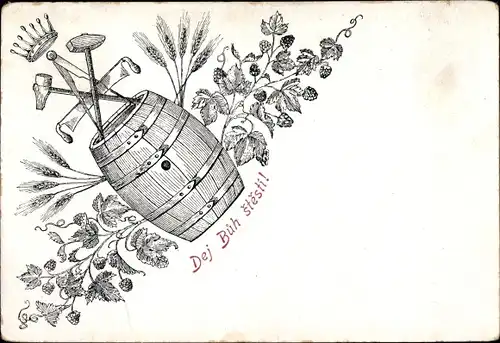 Ak Dej Buh stesti, Bierfass, Hopfen, Getreide, Hammer, Sichel