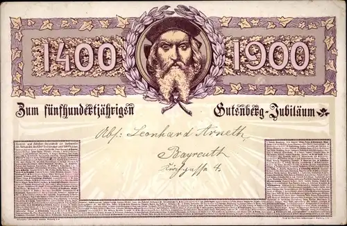 Litho 400 jähriges Gutenberg Jubiläum 1900