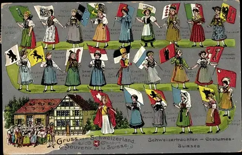 Litho Gruß vom Schweizerland, Frauen in Schweizer Trachten, Fahnen der Kantone