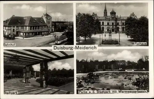 Ak Meiderich Duisburg im Ruhrgebiet, Bahnhof, Rathaus, Stadtpark, Warmwasserbassin