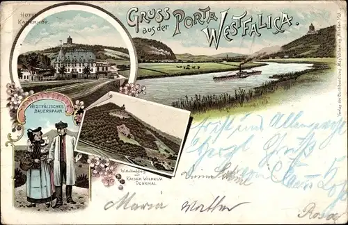 Litho Porta Westfalica an der Weser, Hotel Kaiserhof, Kaiser Wilhelm-Denkmal, Trachten