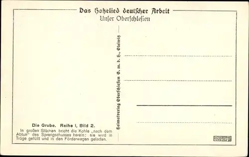 Ak Oberschlesien, Das Füllen des Förderwagens, Das Hohelied deutscher Arbeit, Die Grube I 2