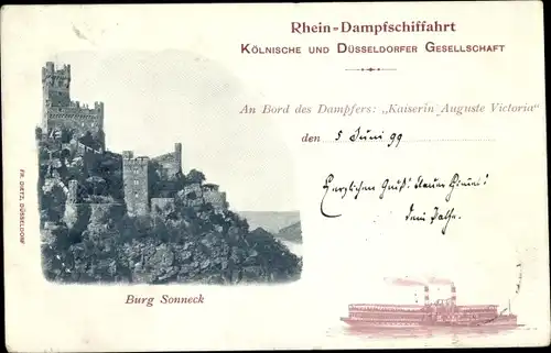 Ak Niederheimbach am Rhein, Burg Sooneck, Dampfer Kaiserin Auguste Victoria