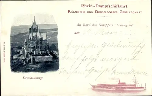 Ak Königswinter am Rhein, Drachenburg, Kölnisch Düsseldorfer Gesellschaft, Dampfer Lohengrin