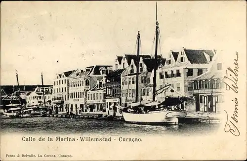 Ak Willemstad Curacao Niederländische Antillen, Calle de la Marina, Hafenpartie