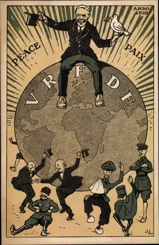 Künstler Ak Vrede, Peace, Paix, Anno 1919, Ende des 1. Weltkriegs, Frieden, tanzende Soldaten