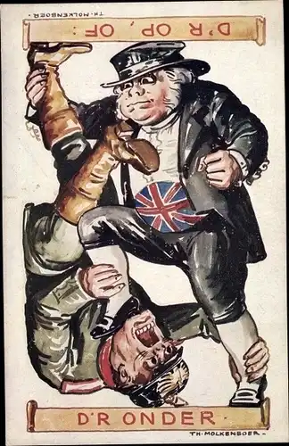 Künstler Ak Molkenboer, Th., D'r op of d'r Onder, deutscher Soldat, Brite, Propaganda