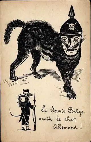 Künstler Ak La Souris Belge, le chat allemand, Wilhelm II als Katze, belgischer Soldat