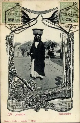 Ak Luanda Loanda Angola, Quitandeira, Frau trägt Korb auf dem Kopf