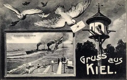 Passepartout Ak Kiel, Torpedoboots Manöver, Brieftauben, Deutsche Kriegsschiffe