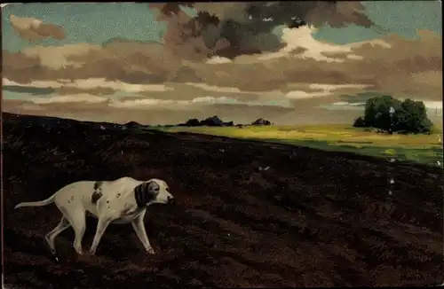 Litho Landschaft mit Jagdhund