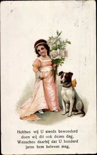 Ak Glückwunsch Geburtstag, Mädchen mit Rosenstrauß und Terrier