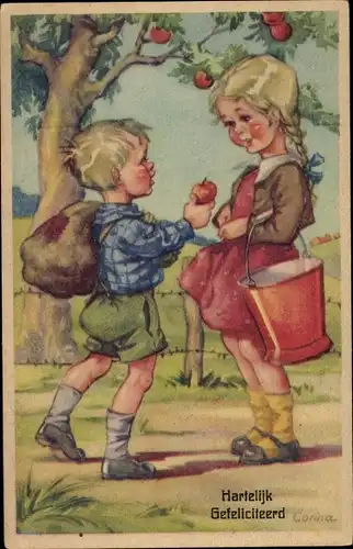 Künstler Ak Corina, Glückwunsch Geburtstag, Junge schenkt Mädchen einen Apfel