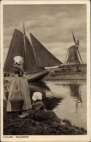 Ak Walcheren Zeeland, Segelboot, Windmühle, Frauen in Tracht