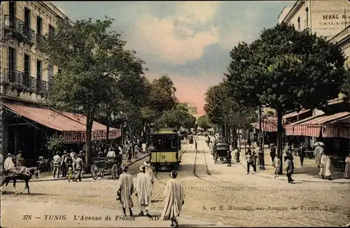 Ak Tunis Tunesien, L'Avenue de France, Grand Cafe, tramway