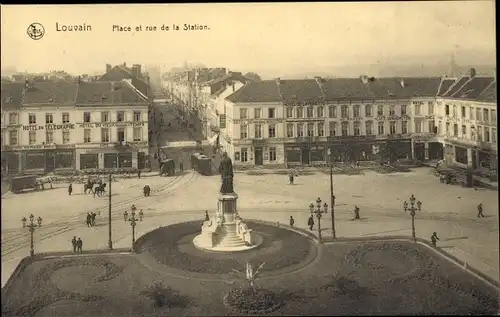 Ak Louvain Leuven Flämisch Brabant, Place et rue de la Station, Denkmal