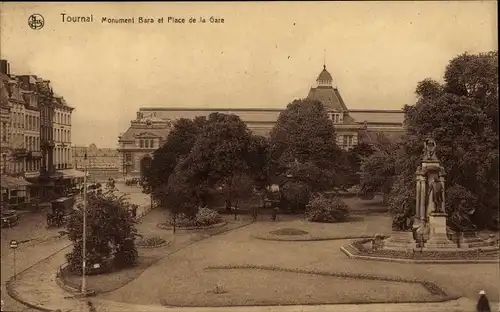 Ak Tournai Wallonien Hennegau, Monument Bara et Place de la Gare