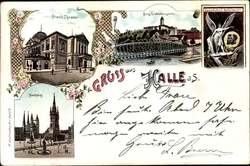 Litho Halle an der Saale, Stadttheater, Burg Giebichenstein, Marktplatz
