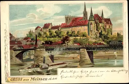 Litho Meißen an der Elbe, Blick auf Elbbrücke und Burg