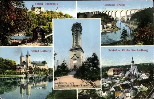 Ak Rochlitz Sachsen, Schloß, Rochlitzer Berg, Friedrich-August-Turm, Göhrener Brücke, Rochsburg