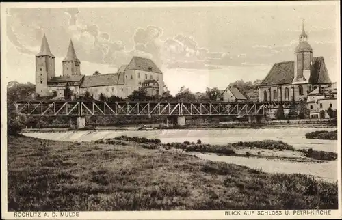 Ak Rochlitz Sachsen, Schloss und Petrikirche, Brücke