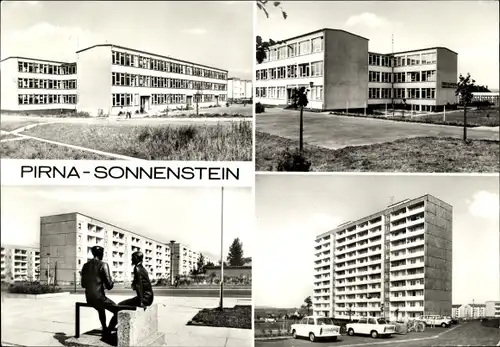 Ak Pirna an der Elbe, Sonnenstein, Neubausiedlung, Hochhäuser, Denkmal, Fahrzeuge