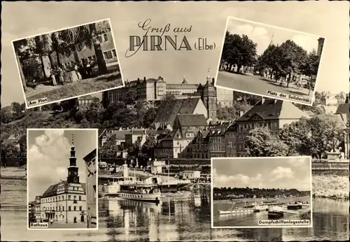 Ak Pirna an der Elbe, Platz der Solidarität, Dampfschiffanlegestelle, Rathaus, Am Plan