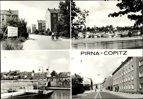 Ak Copitz Pirna in Sachsen, Blick zum Sonnenstein, Paul-Harmisch-Straße, Panorama, Anleger, Schiff