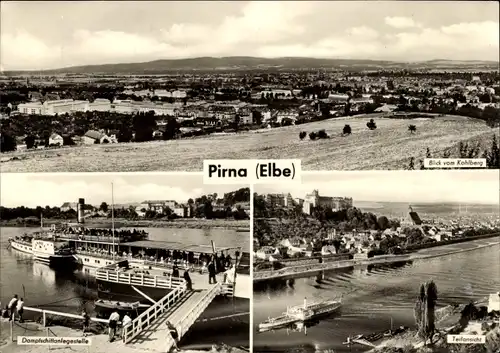 Ak Pirna an der Elbe, Blick vom Kohlberg, Teilansicht, Dampfschiffanlegestelle