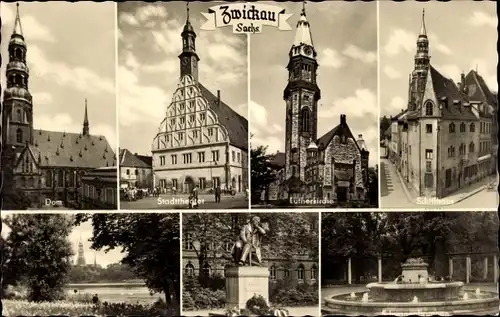 Ak Zwickau Sachsen, Dom, Stadttheater, Lutherkirche, Schiffhaus, Denkmal, Springbrunnen