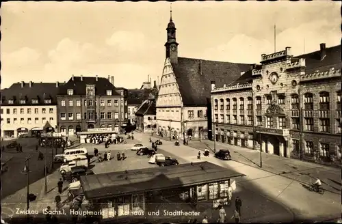 Ak Zwickau Sachsen, Hauptmarkt mit Rathaus und Stadttheater