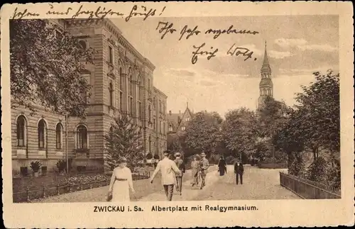 Ak Zwickau Sachsen, Albertplatz mit Realgymnasium