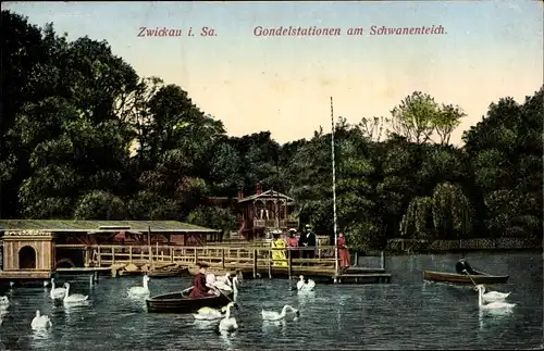 Ak Zwickau in Sachsen, Gondelstationen am Schwanenteich, Ruderboote