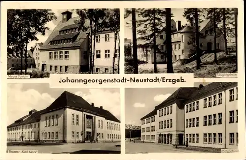 Ak Johanngeorgenstadt Erzgebirge Sachsen, Säuglingsheim, Postamt, Karl Marx Theater, Mittelschule