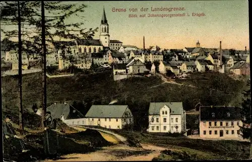 Ak Johanngeorgenstadt im Erzgebirge Sachsen, Blick auf den Ort, Landesgrenze, Kirche